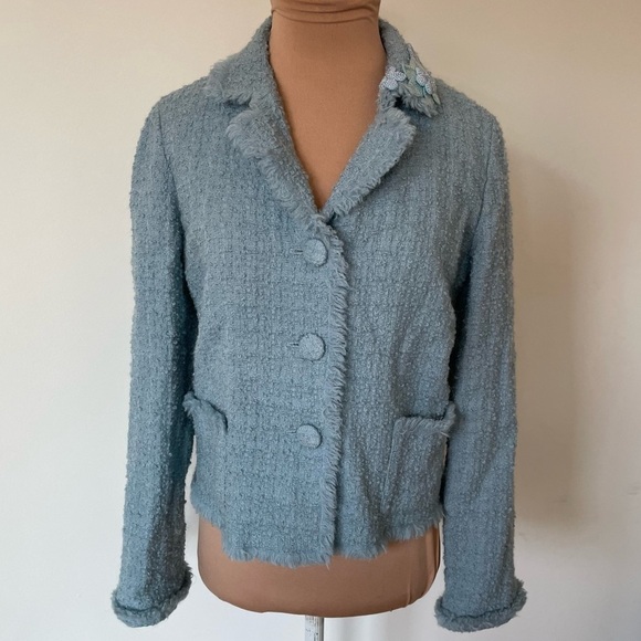Moschino Blue Virgin Wool Tweed Bead Embellished Lapel Evening